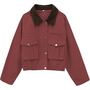 Women's Red Cropped Contrast Collar Utility Coat Cargo Jacket Imported
